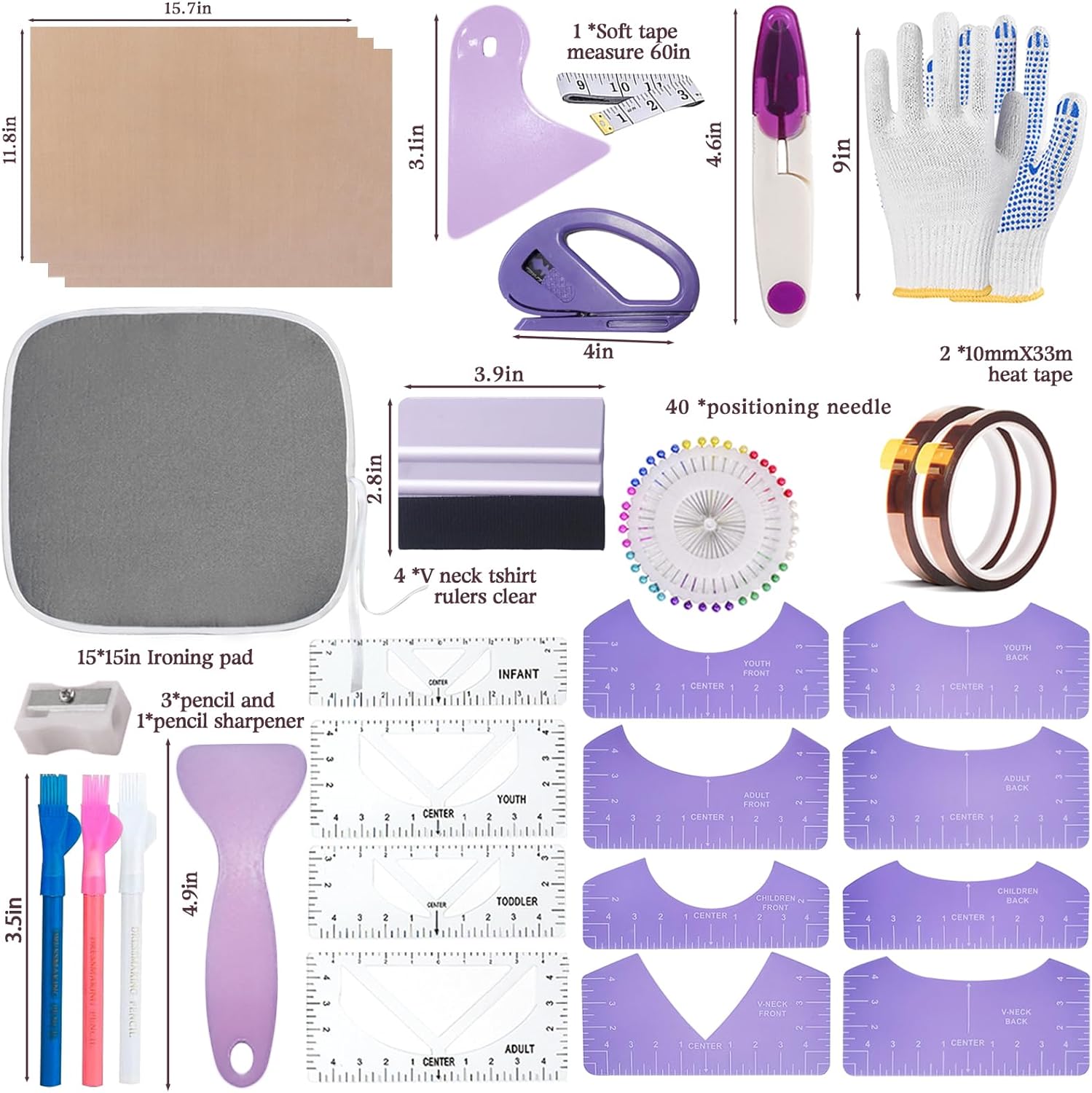 Sublimation Shirts Tool Kits for Vinyl Alignment,Portable Pad for Ironing,T-Shirt Rulers Guide and Teflon Sheet for