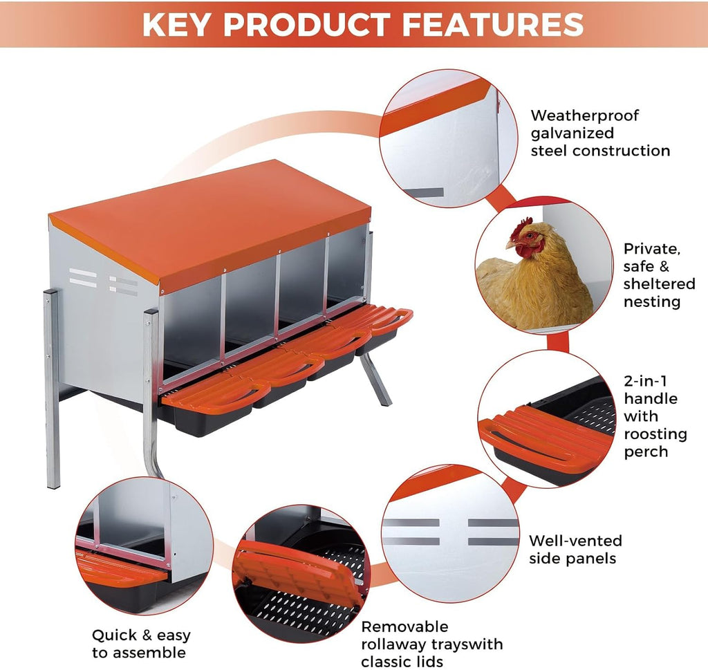 4 Compartments Chicken Nesting Box, 41"×13"×27" Large Laying Boxes for Hens