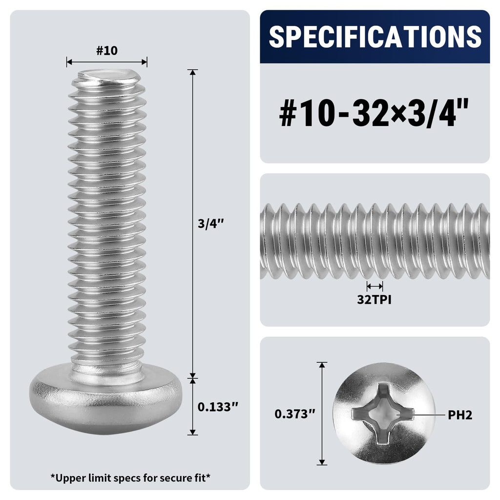 50pcs #10-32 x 3/4" Phillips Pan Head Machine Screws, 304 Stainless Steel