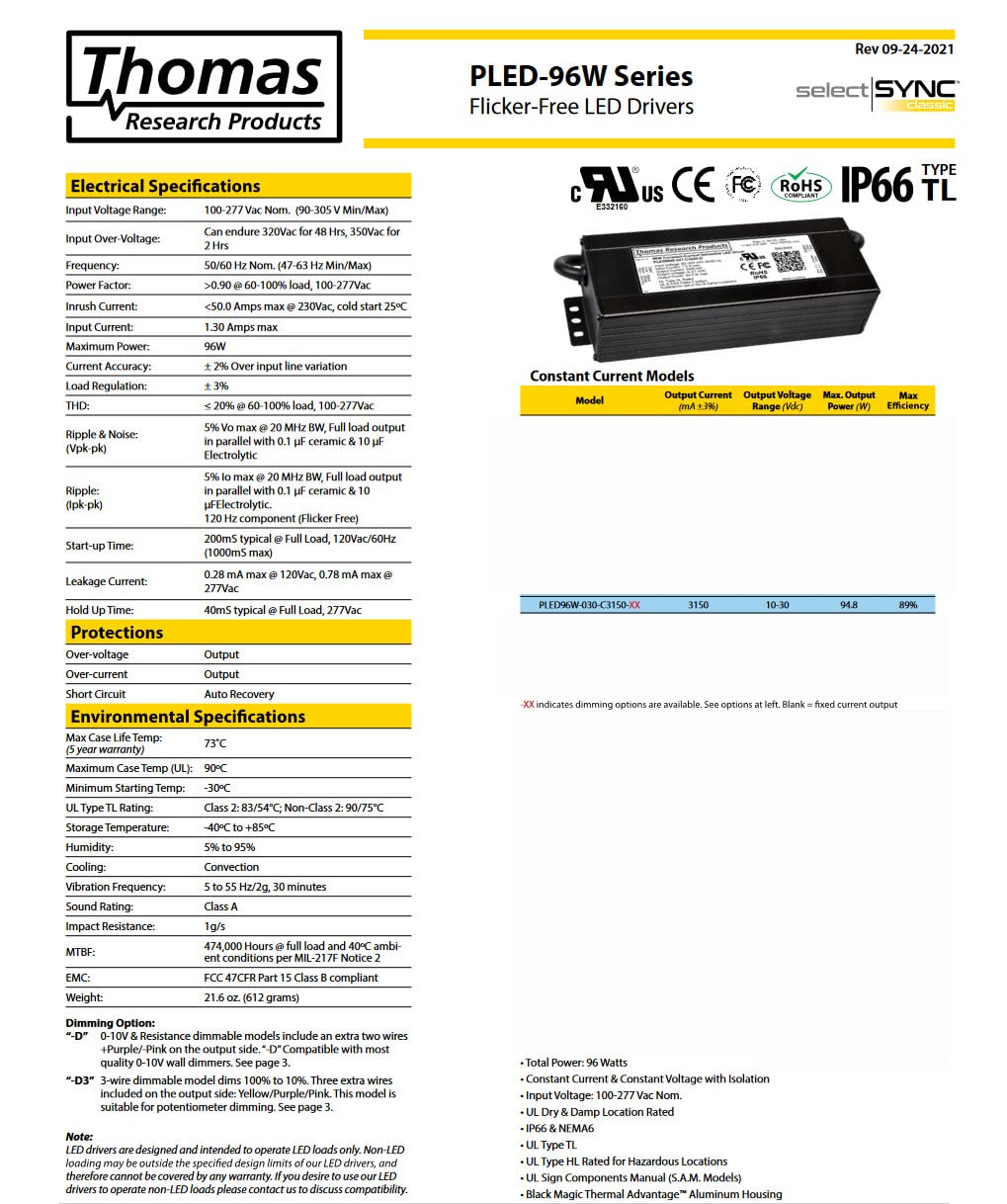 Hubbell Thomas Research Products PLED96W-030-C3150-D Constant Current Flicker Free LED Driver, dimmable