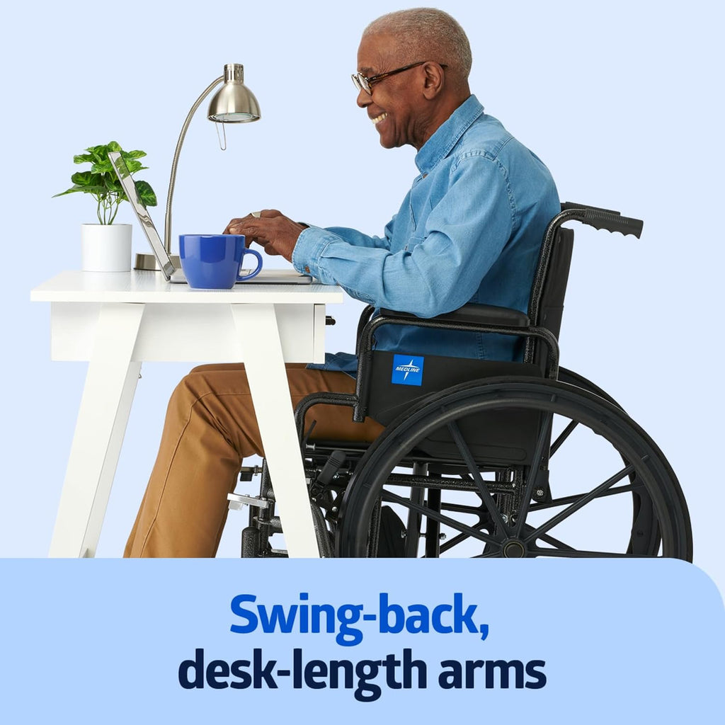 Comfortable Folding Wheelchair with Swing-Back, Desk-Length Arms and Elevating Footrests, 18”W x 16”D Seat