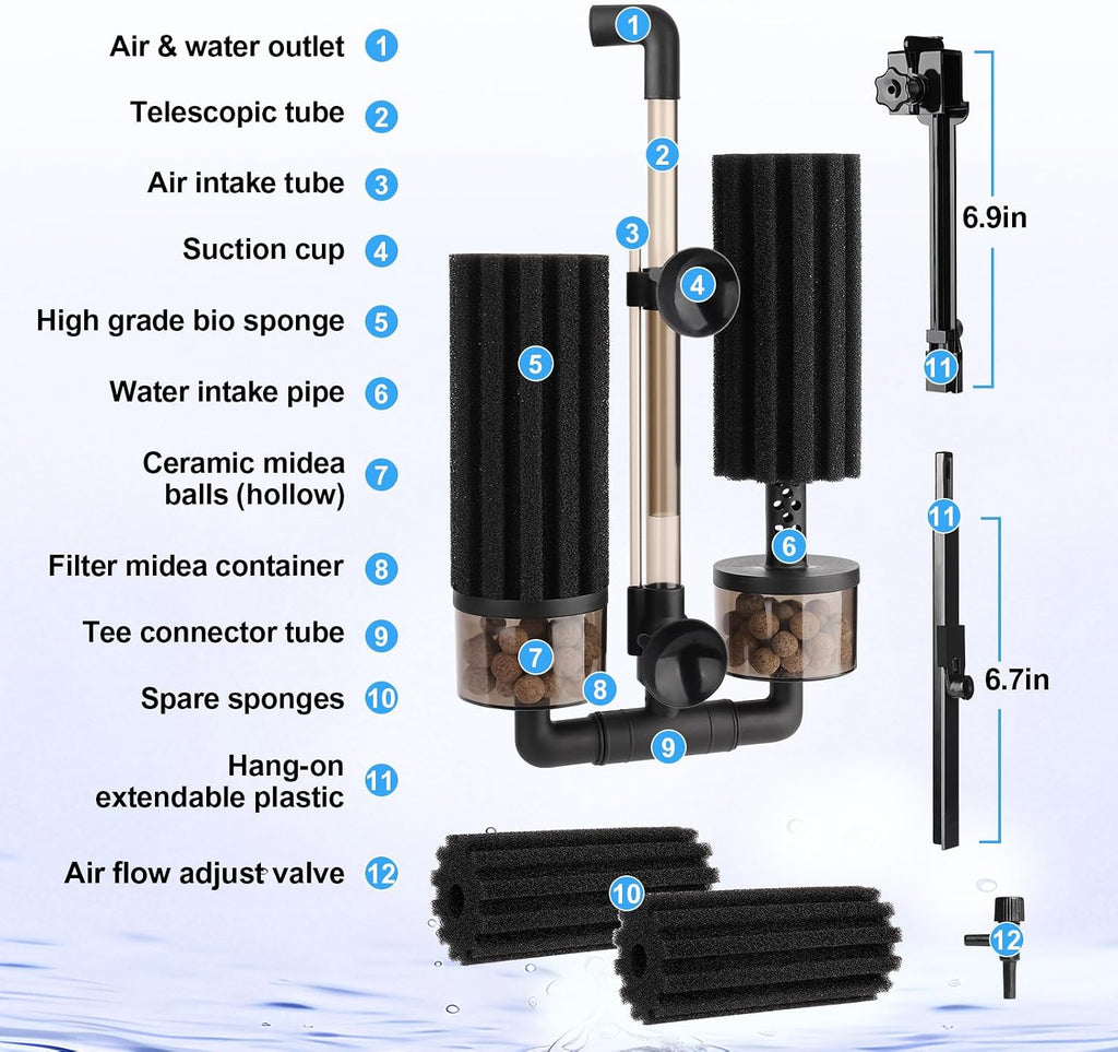 Aquarium Double Sponge Filter: Upgraded Sponge Filter with Larger Filtration Area, Come with Extendable Clip, 2 Spare