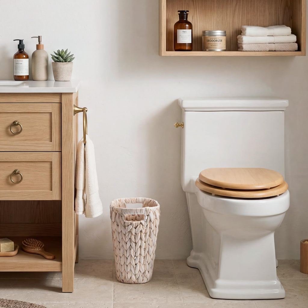 Bathroom Garbage Can, Wicker Waste Basket for Bathroom, White