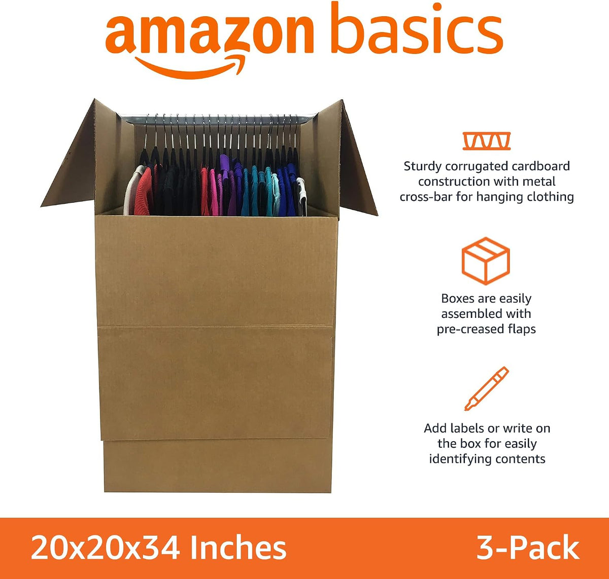 Sturdy Wardrobe Moving Boxes with Hanger Bar for Packing Clothes, Easy to Assemble, With Handles, 20" x 20" x 34"