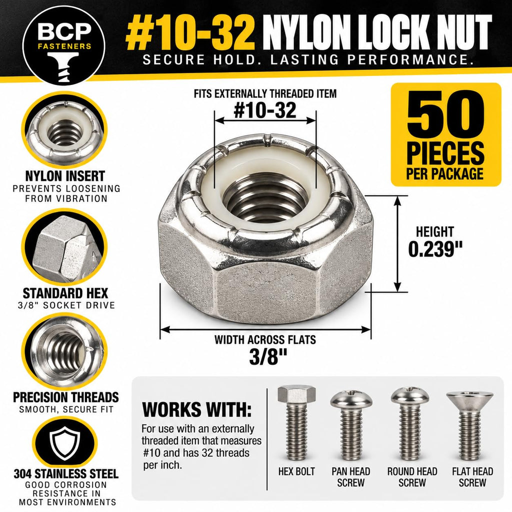 BCP Fasteners #10-32 Stainless Steel Nylon Insert Hex Lock Nuts, 50 Pack