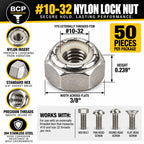BCP Fasteners #10-32 Stainless Steel Nylon Insert Hex Lock Nuts, 50 Pack