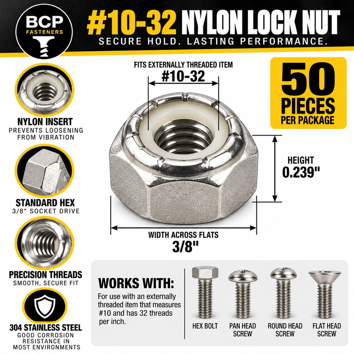 BCP Fasteners #10-32 Stainless Steel Nylon Insert Hex Lock Nuts, 50 Pack