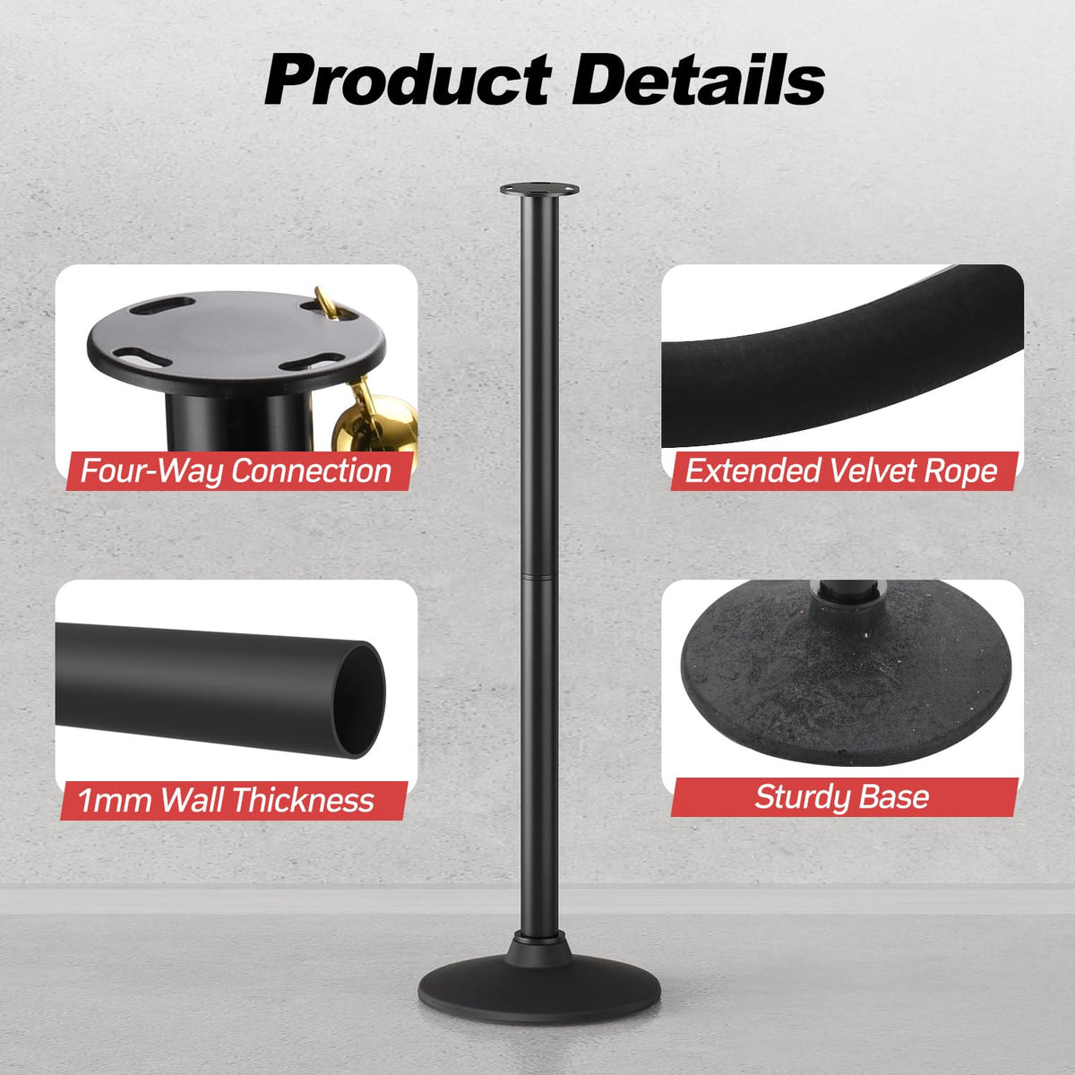 2 Pack Plastic Stanchion Posts, Black Velvet Rope, Crowd Control