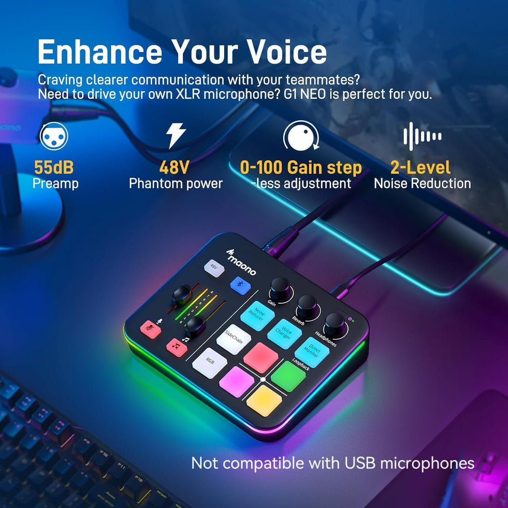 G1 Neo Gaming Audio Mixer Audio Interface with XLR Input & 48V | RGB, Bluetooth, 4 custom soundpads, live streaming