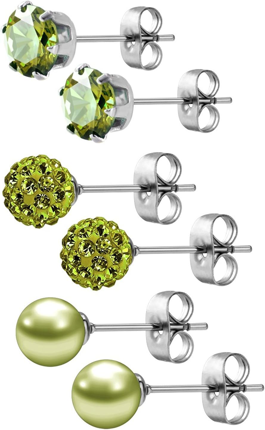 Birthstone Studs Earring Set Cubic Zirconia Rhinestones Crystal Ball Faux Pearl Stainless Steel Stud Earrings for