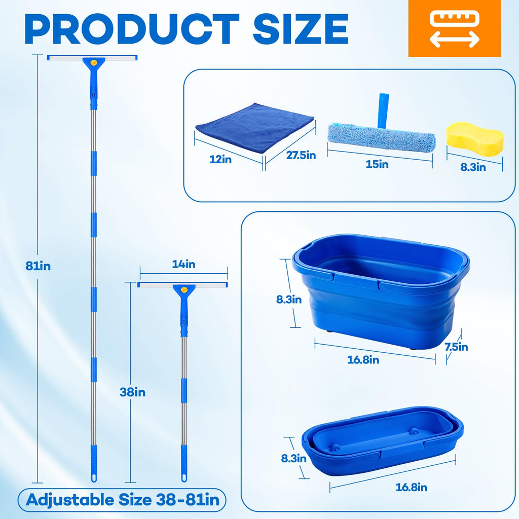 7Pcs Window Cleaning Kit with 3Gal Collapsible Bucket & 81"Squeegee