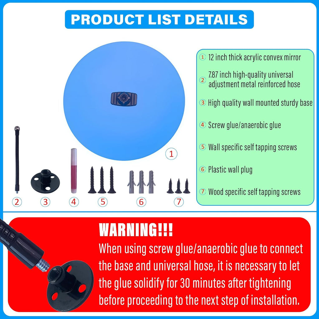 12" HD Frameless Acrylic Convex Mirror, Wide Angle Garage Blind Spot Mirror | Convex fish eye mirror with wide
