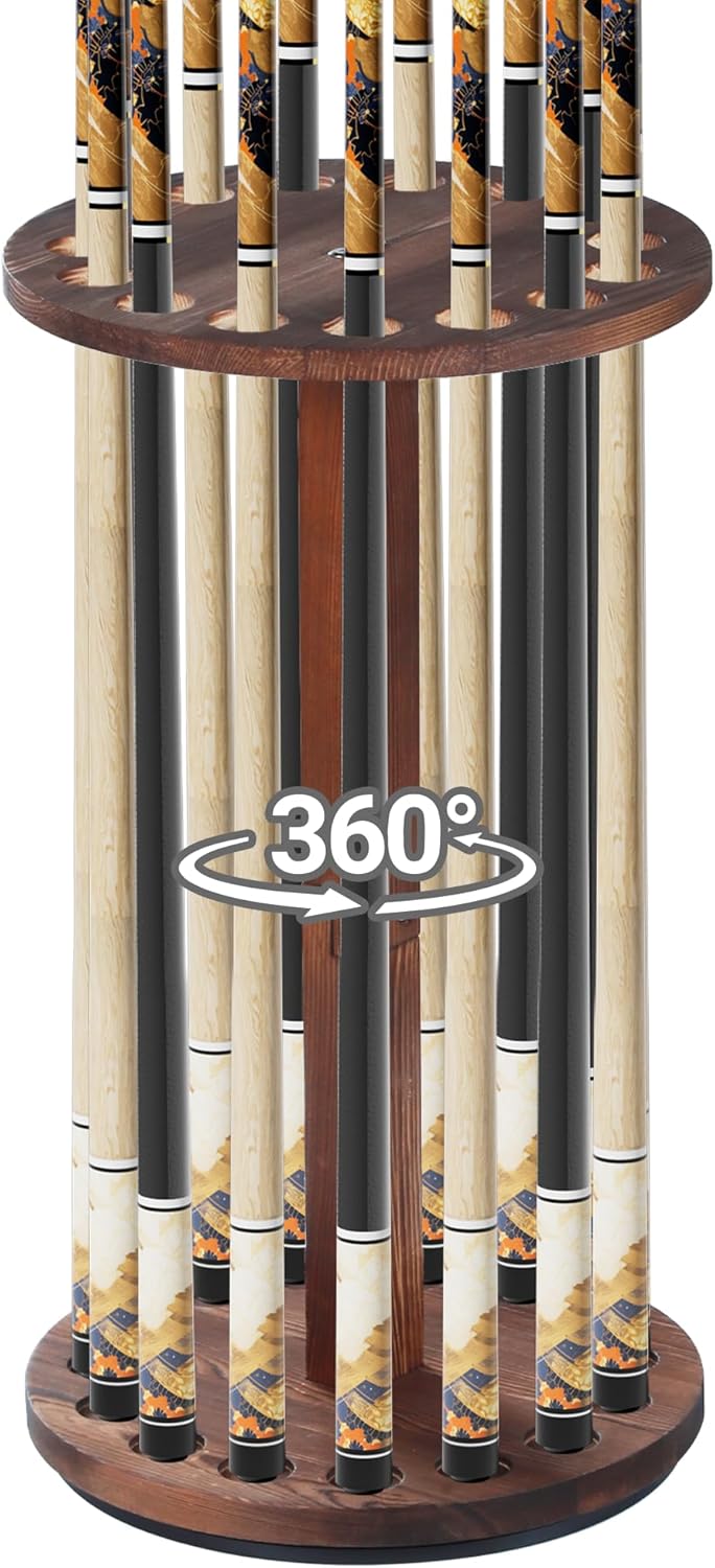 360° Rotating Natural Wood Pool Stick Holder, Floor Stand Pool Cue Rack Holds 15 Sticks, Storage Organizer for