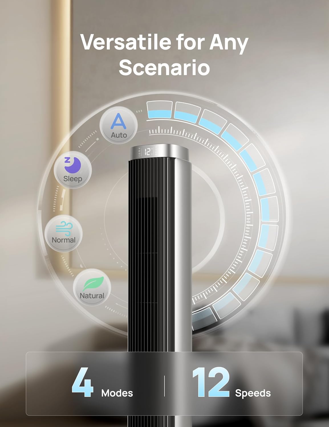 Smart 42'' Tower Fan for Bedroom, 12 Speeds, 20dB Quiet Standing Fan | 40ft Far Airflow, 28 ft/s Cooling Airflow, 12