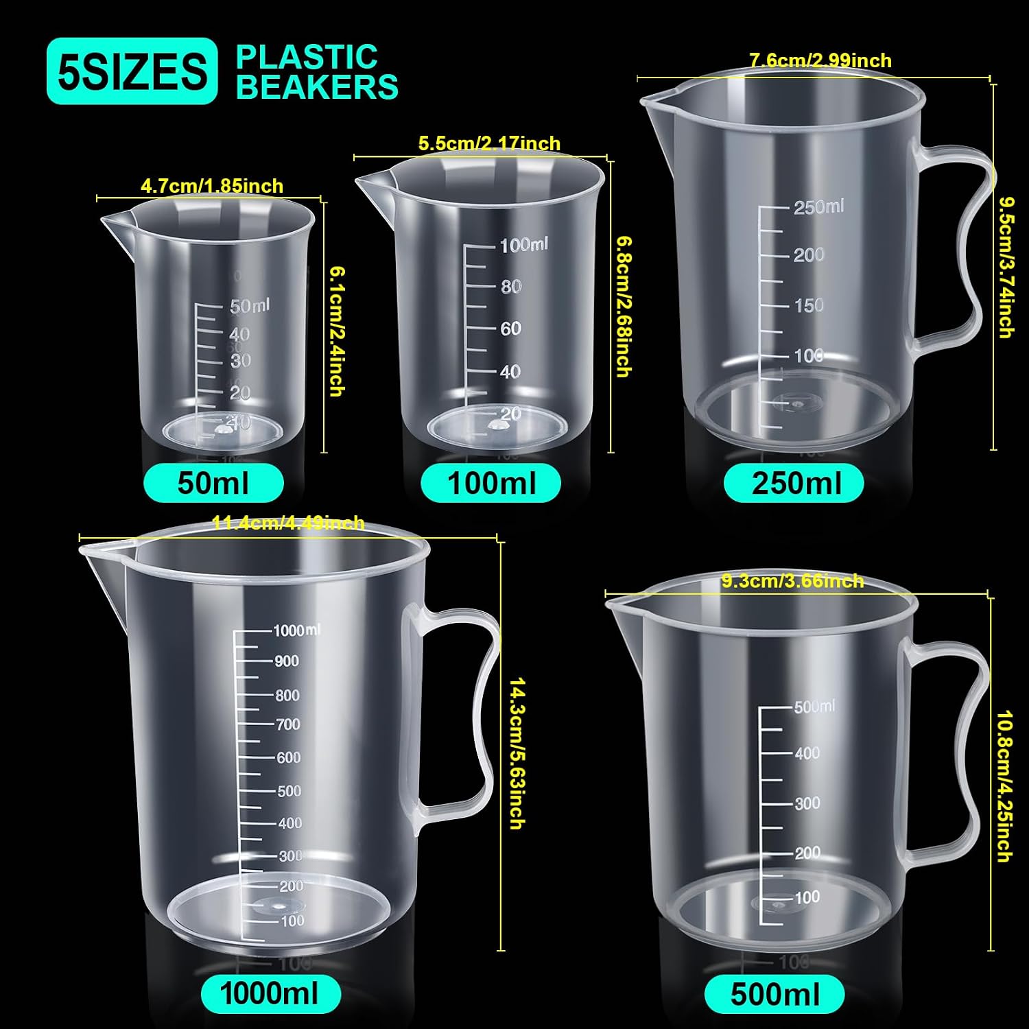 Graduated Cylinder Plastic Beaker, 5pcs Plastic Graduated Cylinder 10ml 25ml 50ml 100ml 250ml and 5pcs Plastic