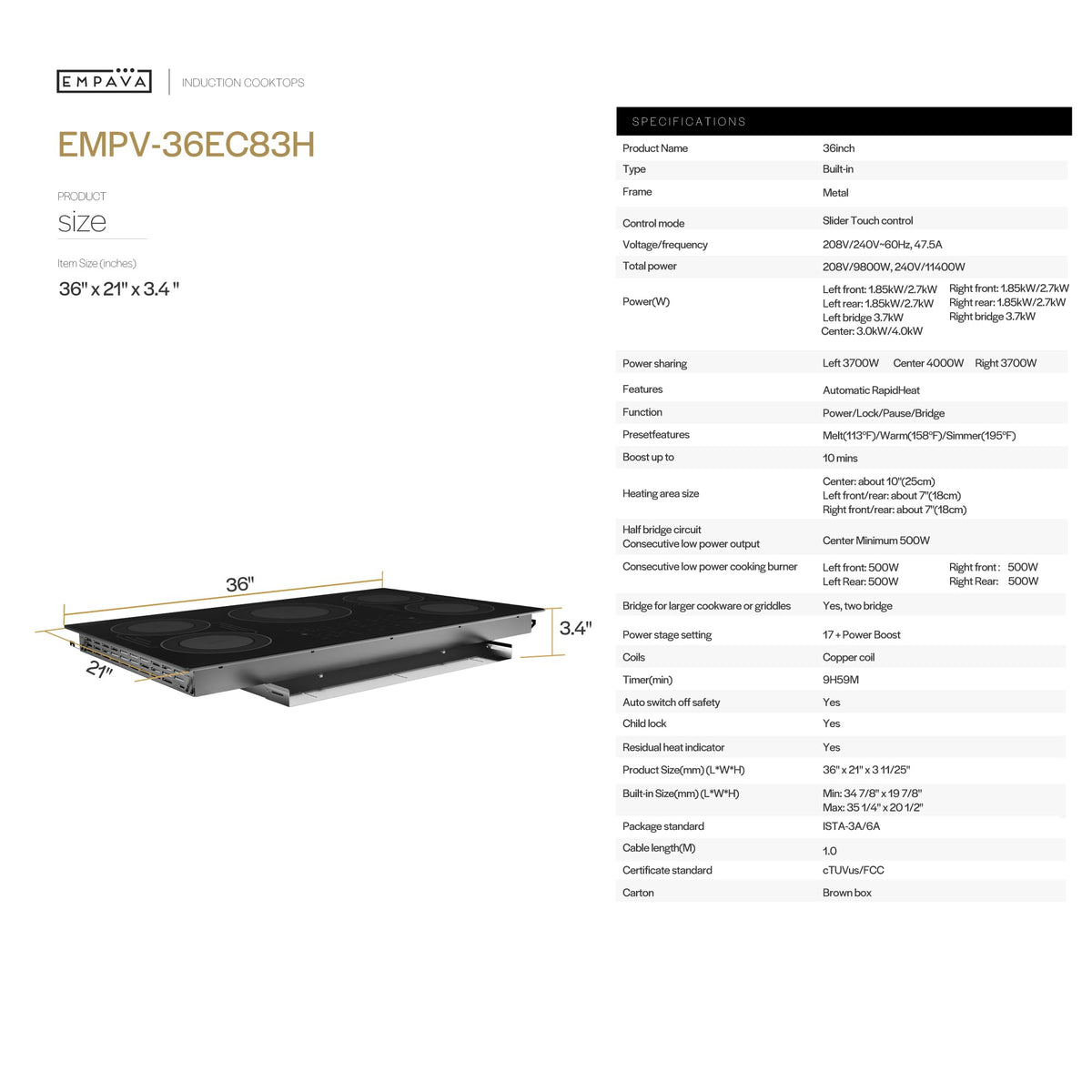 Flex 36“ Induction Cooktop 5 Burner, Drop-in, Hardwired
