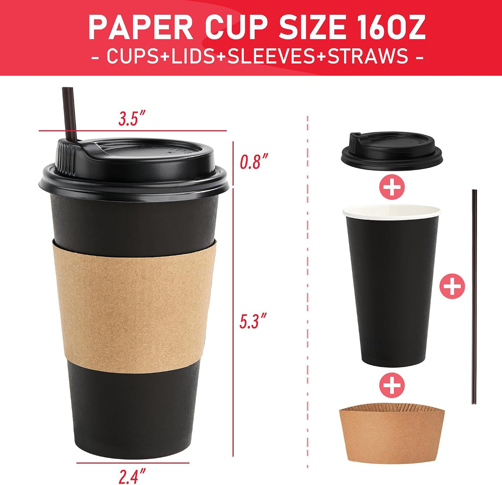 16 oz Coffee Cups with Lids 100 Pack, Sleeves and Stirring Sticks