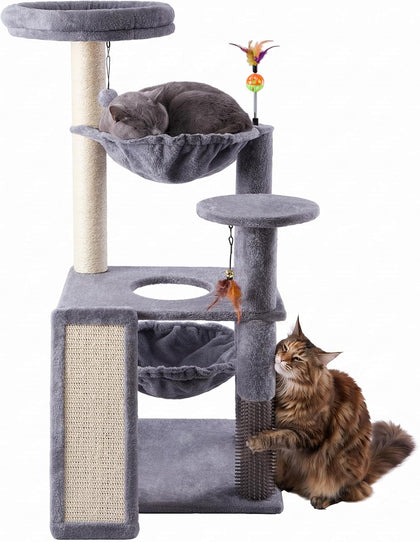 Multi-Level Cat Tree for Indoor Cats, Cat Tree Tower with Big Cat Hammock and Self-Grooming Brush, Cat Tower with