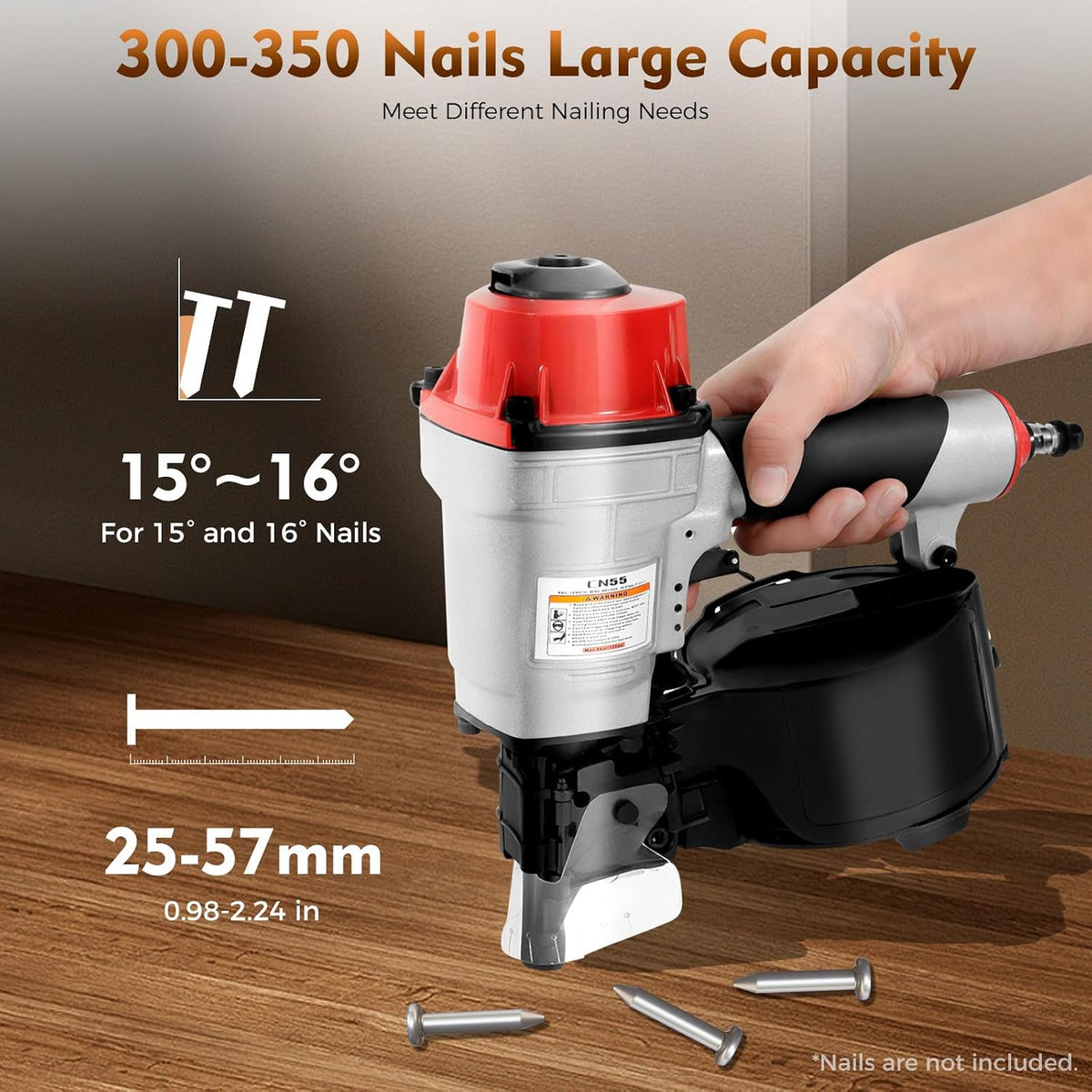 Pneumatic Coil Nailer, CN55 Roofing Siding Nail Gun, 75-120 PSI, 2 Modes