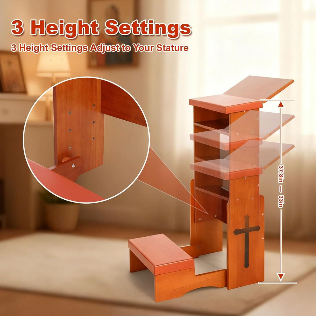 Folding Prayer Kneeler Bench, Adjustable Wooden with Bookshelf