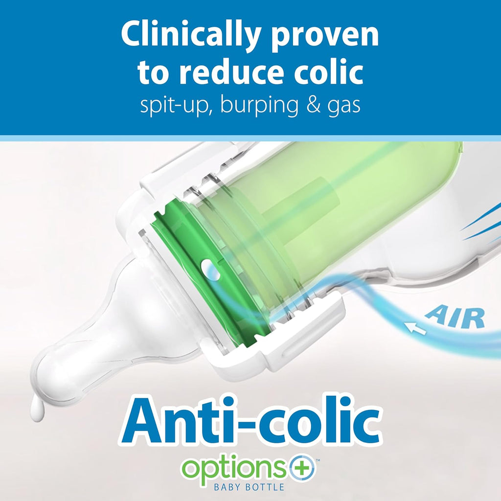Natural Flow Anti-Colic Options+ Narrow Baby Bottle, 8 oz/250 mL, with Level 1 Slow Flow Nipples, 0m+, 4 Pack