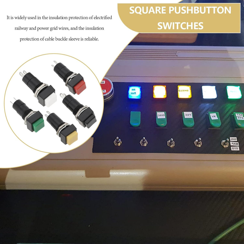 10pcs 12mm On Off Momentary Square Push Button Switch SPST Momentary Push Button Switch 250V/3A for Auto Electronics, Black White Yellow Green Red