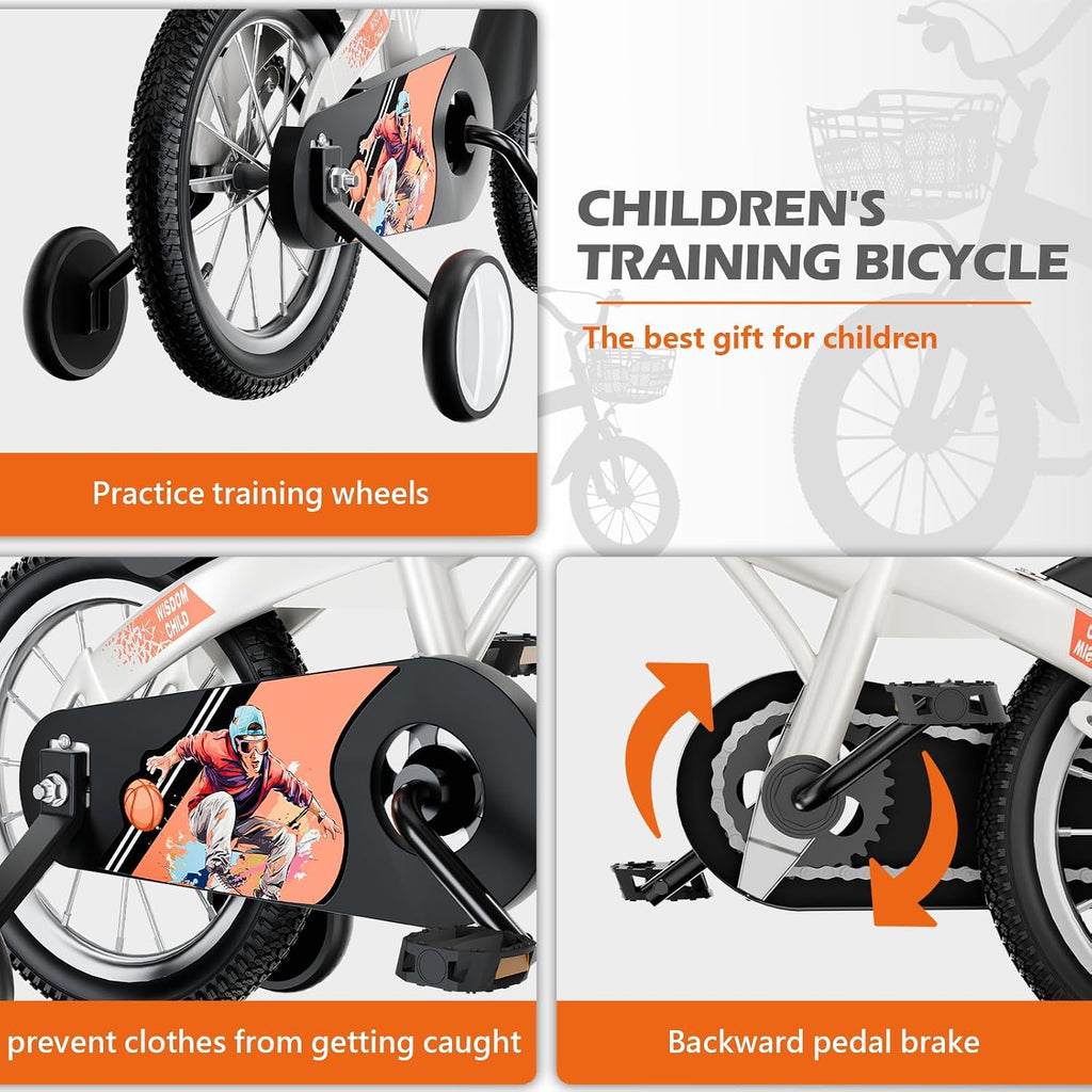 16/18 Inch Kids Bike with Training Wheels for Boys and Girls, Adjustable Bicycle for Ages 4–8, Hand & Coaster Brake