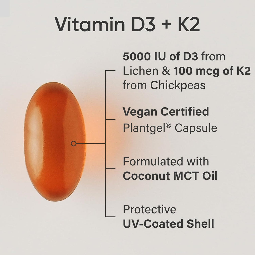 Vitamin D3 + K2 w/ Coconut Oil - Vegan Vitamin D 5000iu & Mk7 Vitamin K 100mcg for Bone & Immune Support - Vegan