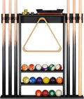 Pool Cue Rack Wall Mount For 6 Cues, Balls & Billiard Accessories Storage | 100% Solid Pine Wood Pool Stick Holder