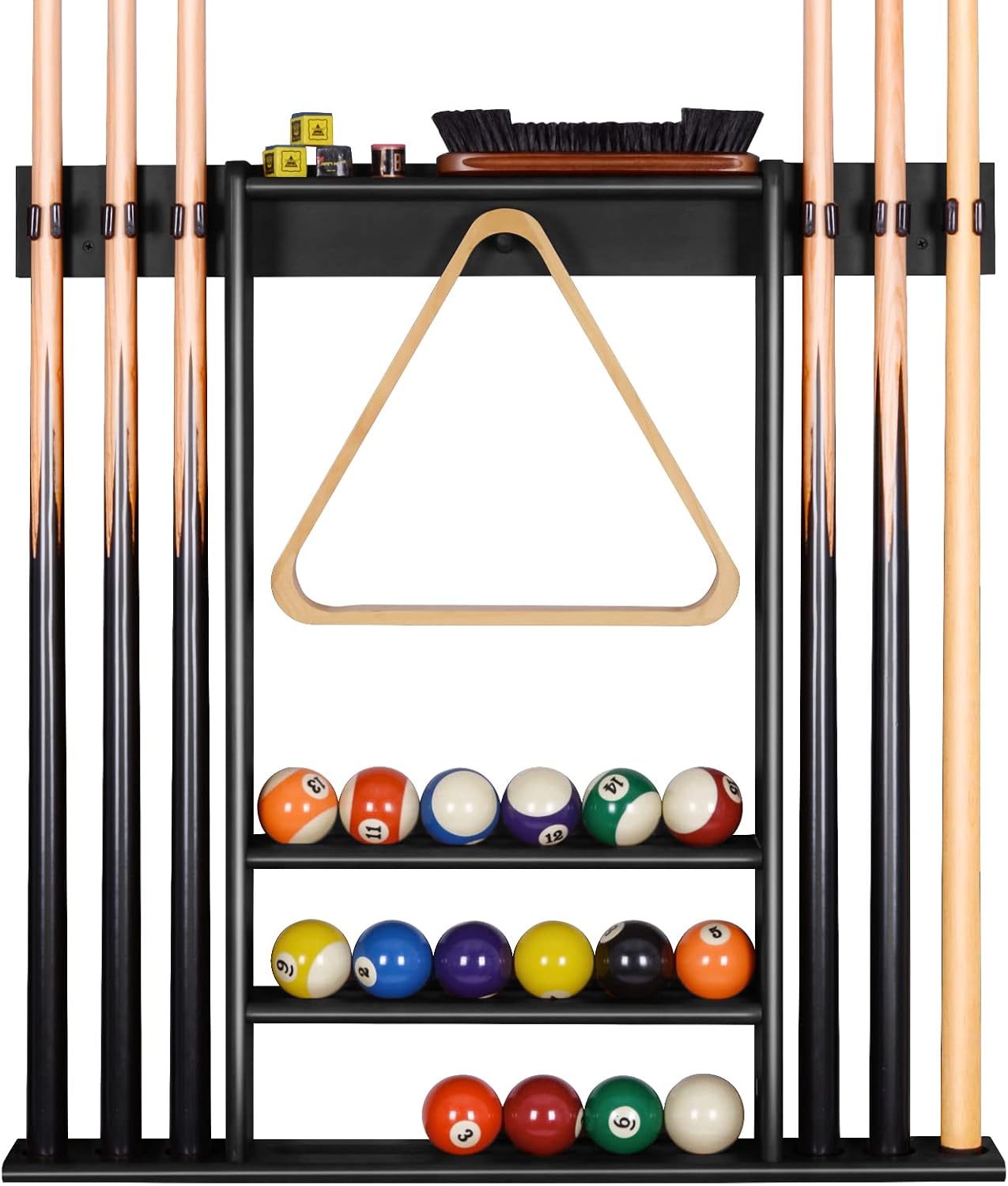 Pool Cue Rack Wall Mount For 6 Cues, Balls & Billiard Accessories Storage | 100% Solid Pine Wood Pool Stick Holder