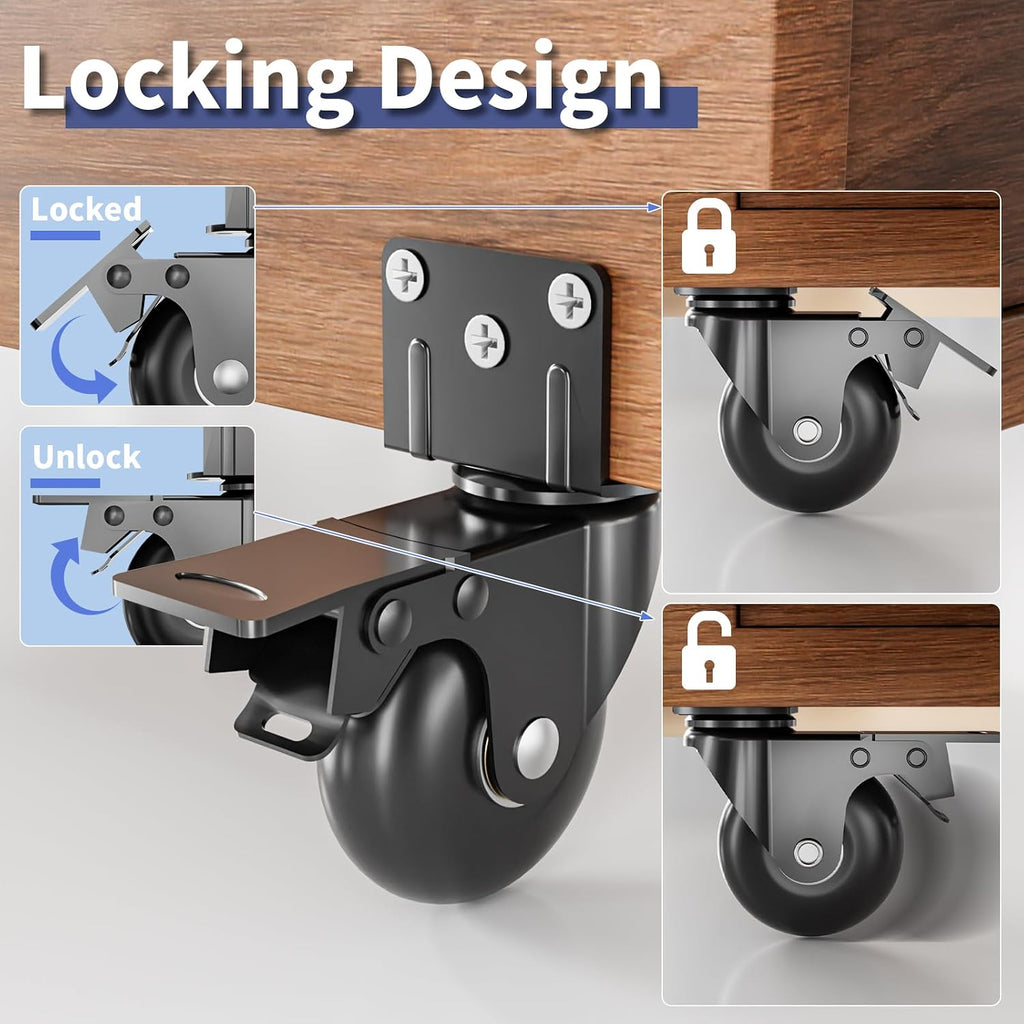2 in Side Mount Plate Caster Wheels Heavy Duty 800 LBS | Thickened L-Shaped, 360° Swivel, Locking Dual Brake, Quiet