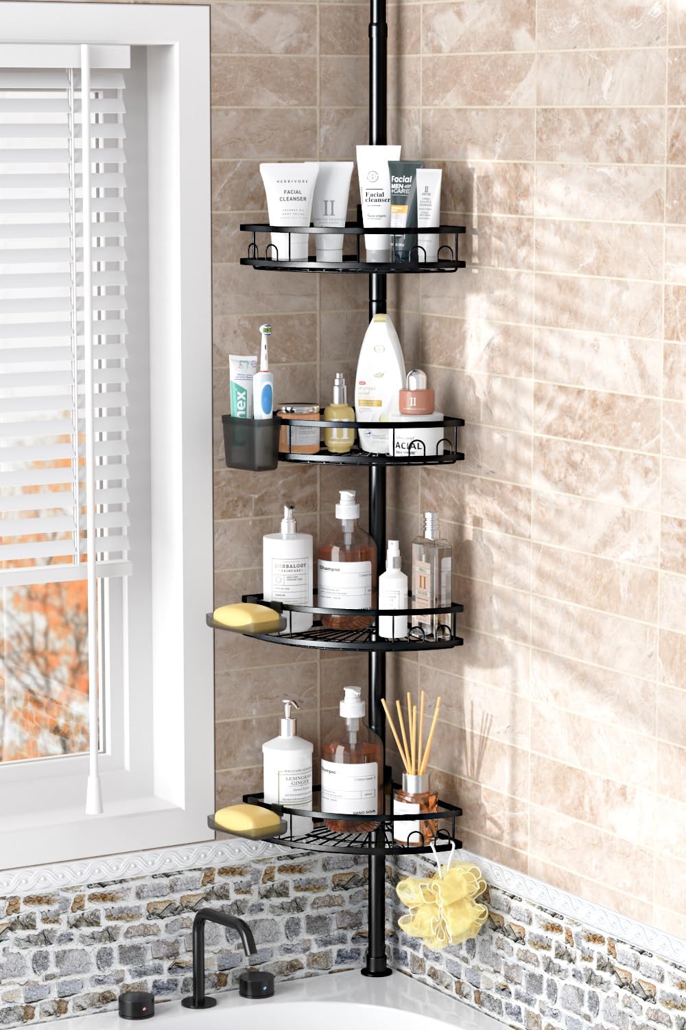 Adjustable Tension Pole Shower Caddy: Rustproof Corner Bathroom Organizer | 4-Tier 31-124" No Drill Standing Shelves