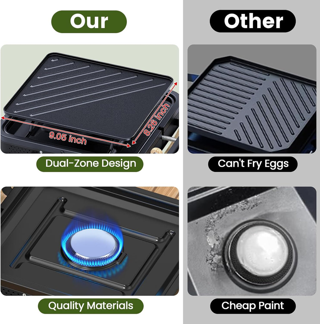 2-Burner Foldable Camping Stove with Griddle (Textured & Smooth) and Carrying Bag, Portable Propane Camp Stove with 2