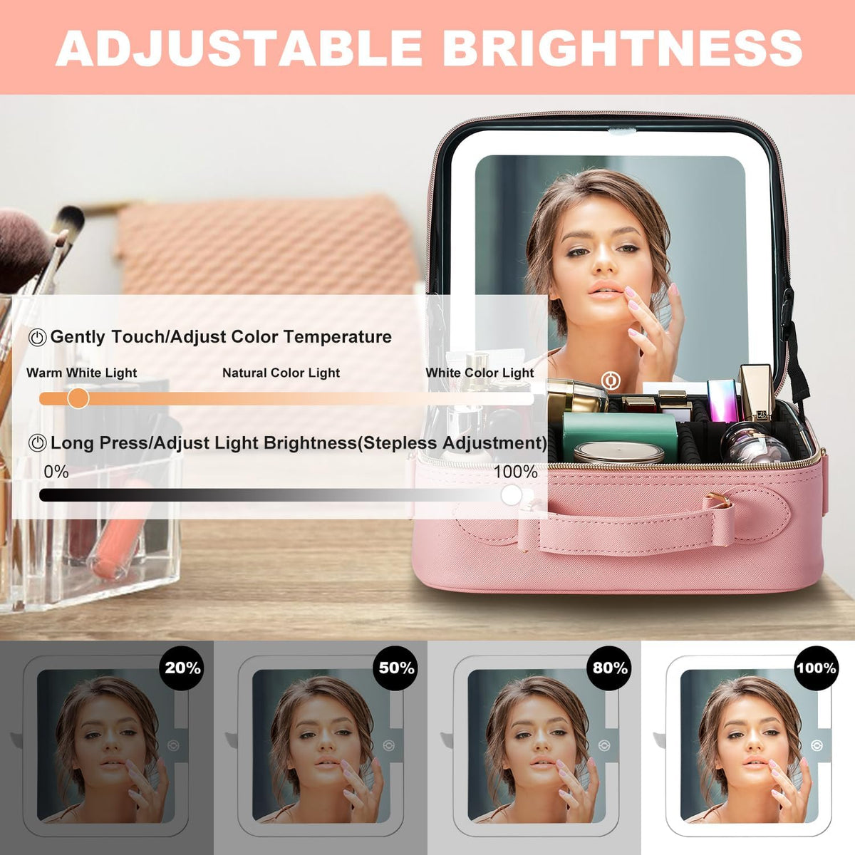 Travel Makeup Bag with LED Lighted Mirror, Travel Makeup Organizer, Makeup Case with 3 Color Lighted Setting and 10x