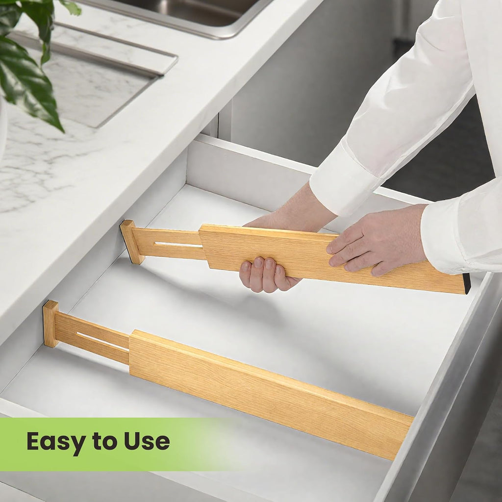 Drawer Divider, Adjustable Bamboo Kitchen Drawer Organizer, Spring Loaded Drawer Organizer, Dresser Separators for