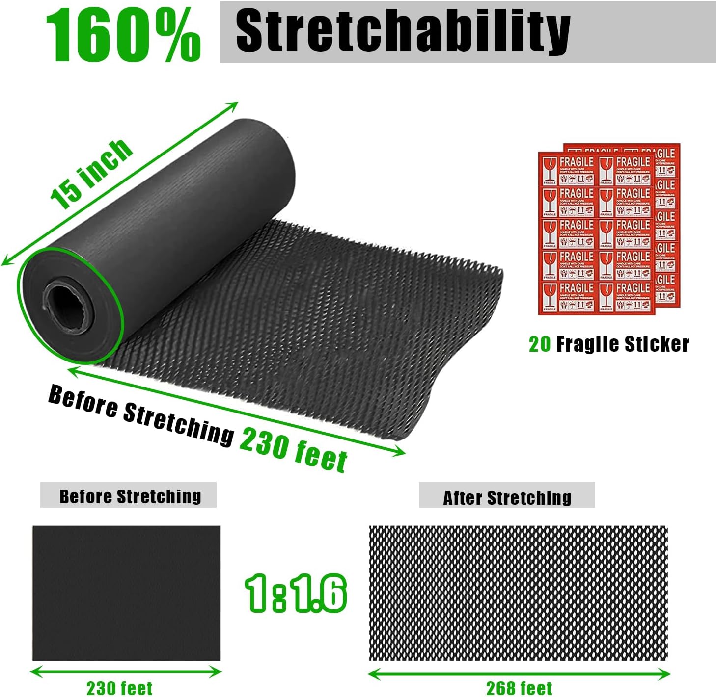 Honeycomb Packing Paper Black, 15"x230' Eco Friendly Packing Paper for Moving Recyclable Shipping Supplies Bubble