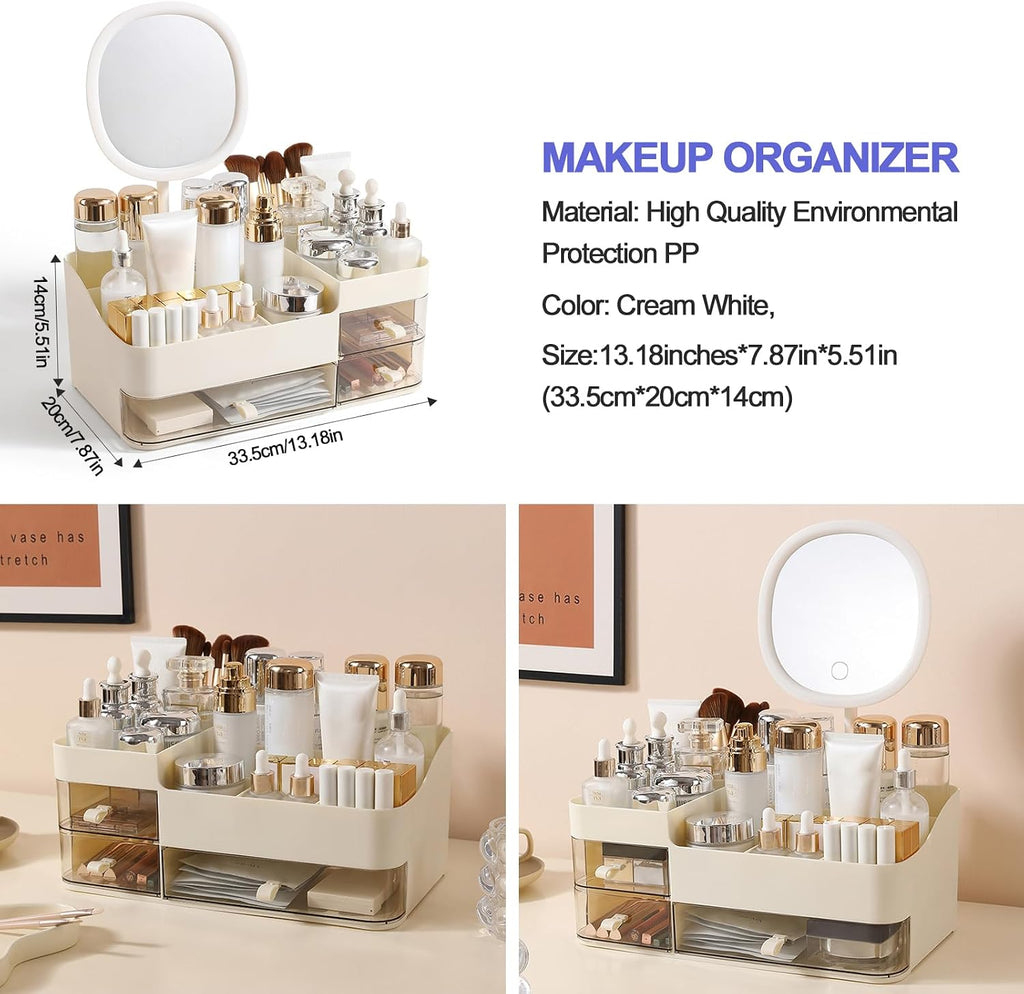 Makeup Organizer with Rechargeable Mirror and 3 Drawers,Skincare and Cosmetics Organizer Countertop,Makeup Brush