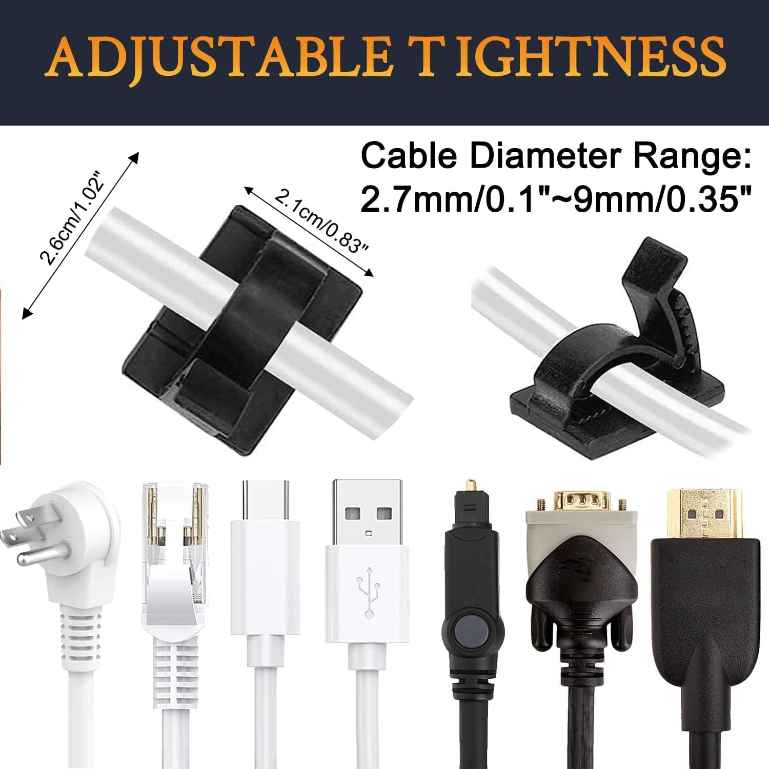 50Pcs Adjustable Cable Management Clips, Adhesive Organizers Sticky Wire Clips Cord Holder for TV PC Ethernet Under