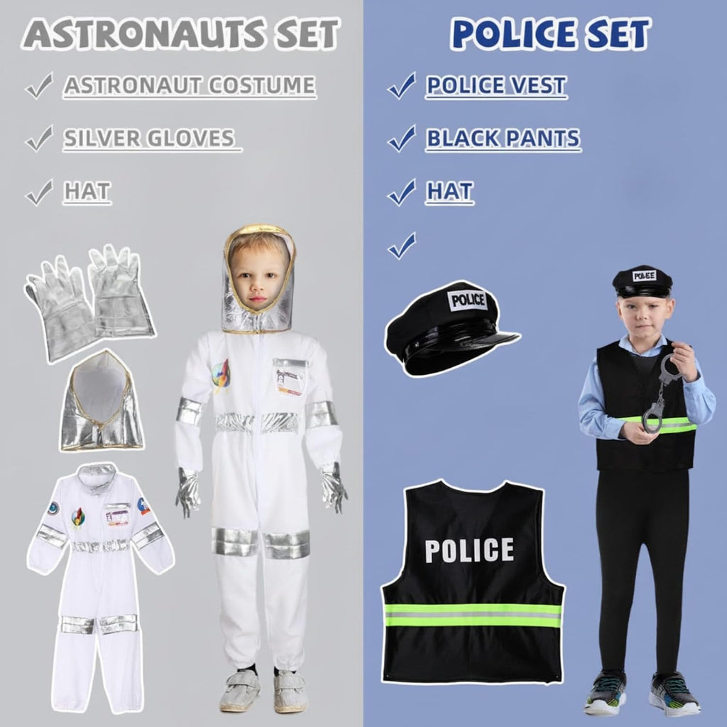 8 Sets Kids Role Play Dress up Clothes, Washable Astronaut Construction Policeman Fireman Doctor Chef Gardener