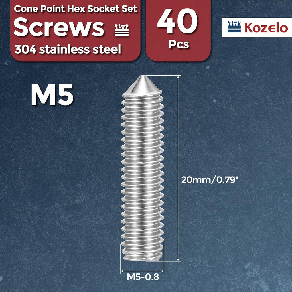 40pcs Cone Point Socket Set Screws-M5-0.8x20mm 18-8 Stainless Steel
