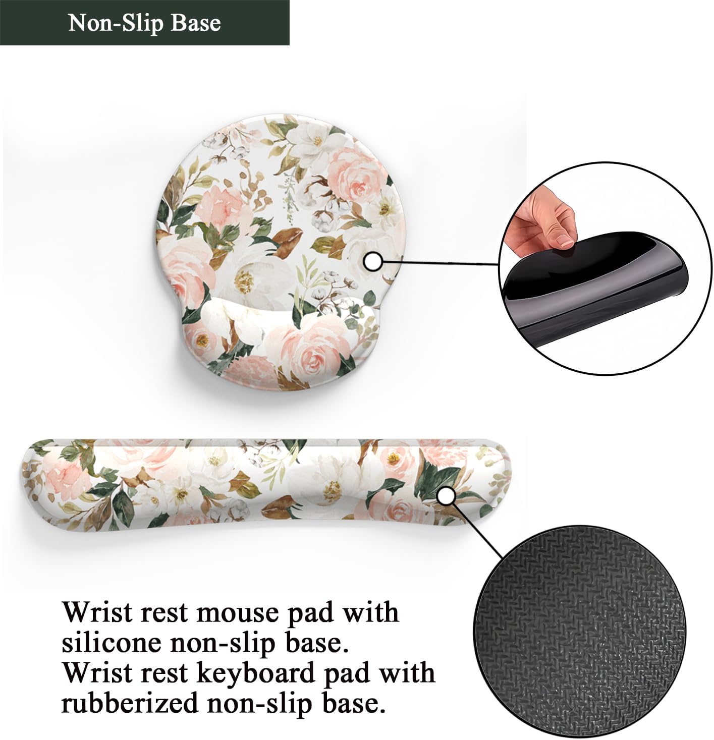 Pink Flower Desktop Mat Aesthetic Wrist Support Keyboard Mouse Wrist Rest Set, Computer Office Comfortable Wrist Rest