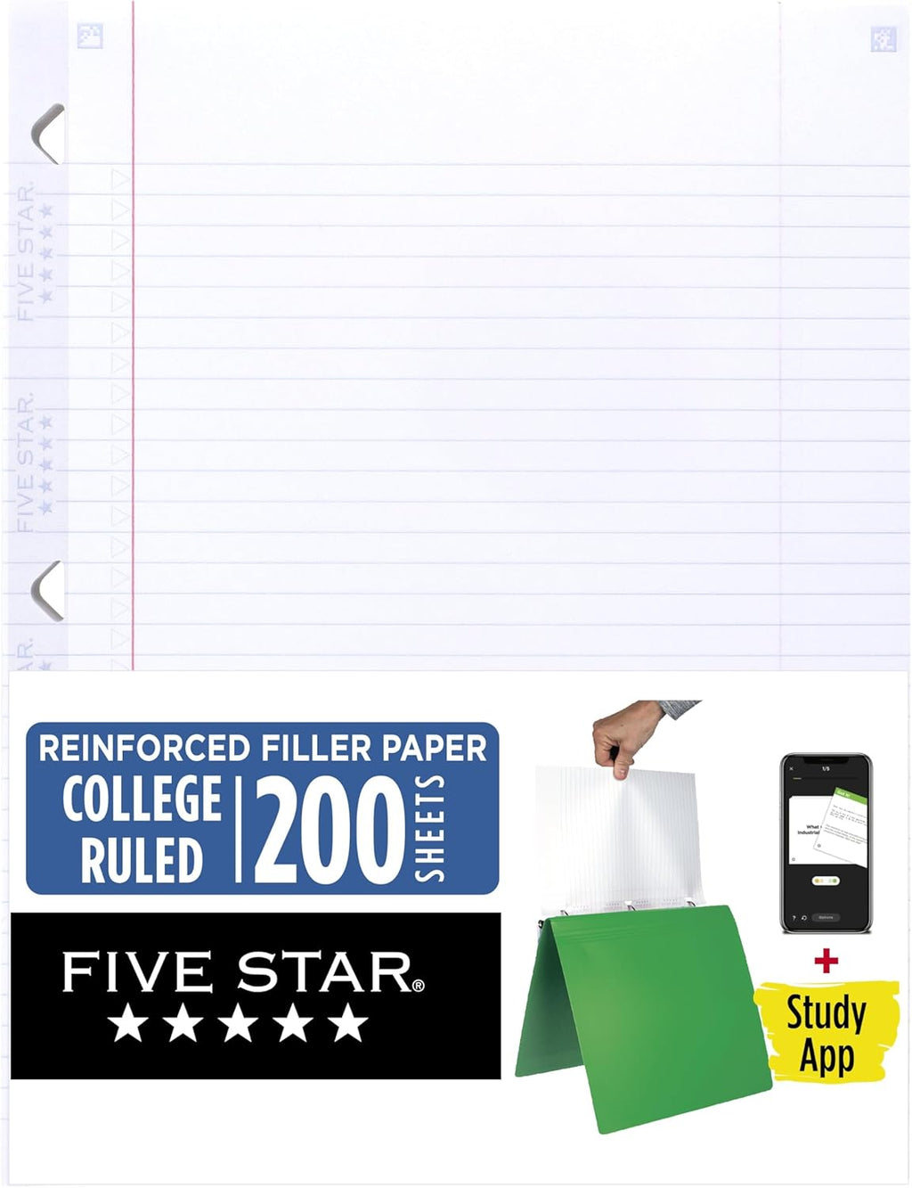 Loose Leaf Paper + Study App, College Ruled Filler Notebook Paper, Reinforced, Fights Ink Bleed, 8-1/2" x 11", 200
