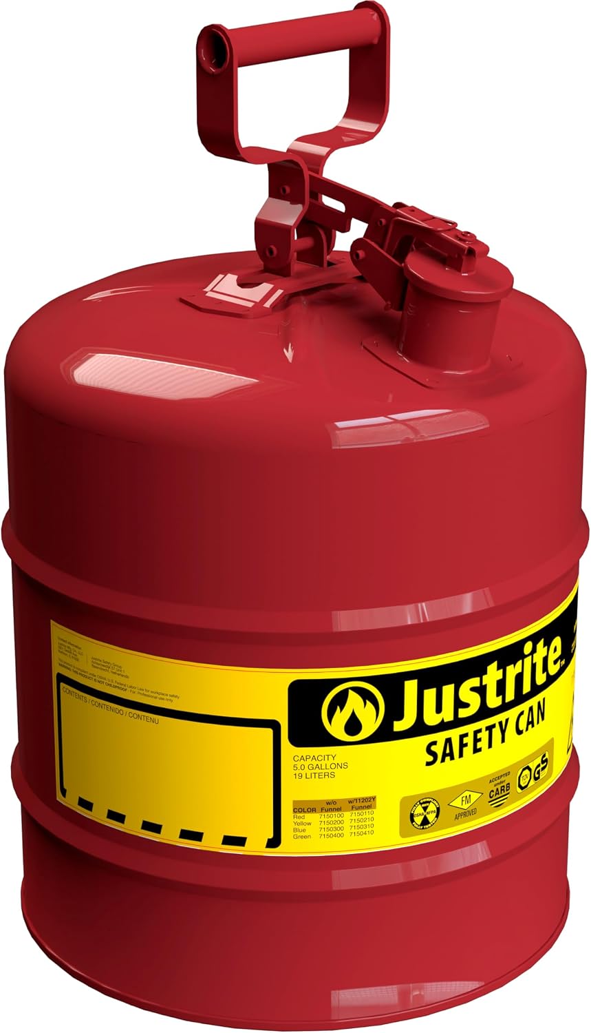 5 Gallon Type I Red Safety Gas Can for Gasoline with Flame Arrester and Self-Closing Lid, Made in the USA, Galvanized