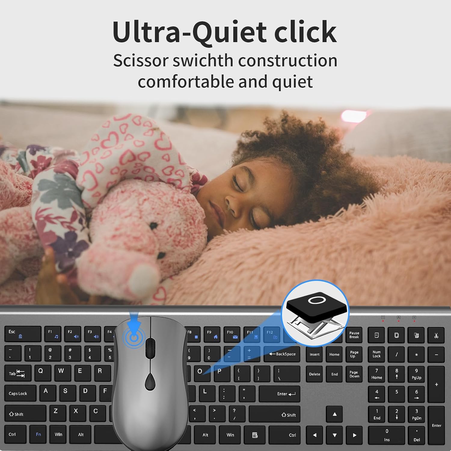 Slim Silent Full Size Wireless Keyboard Mouse Combo Space Grey | With calculator key, 2400 DPI quiet mouse, USB