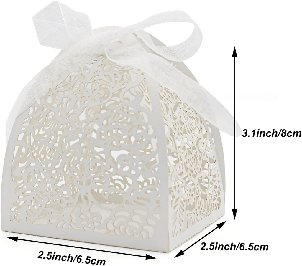 Pack of 100 Laser Cut Rose Candy Boxes, Favor Boxes 2.5"x 2.5"x 3.1", Gift Boxes Bridal Shower Anniverary Birthday