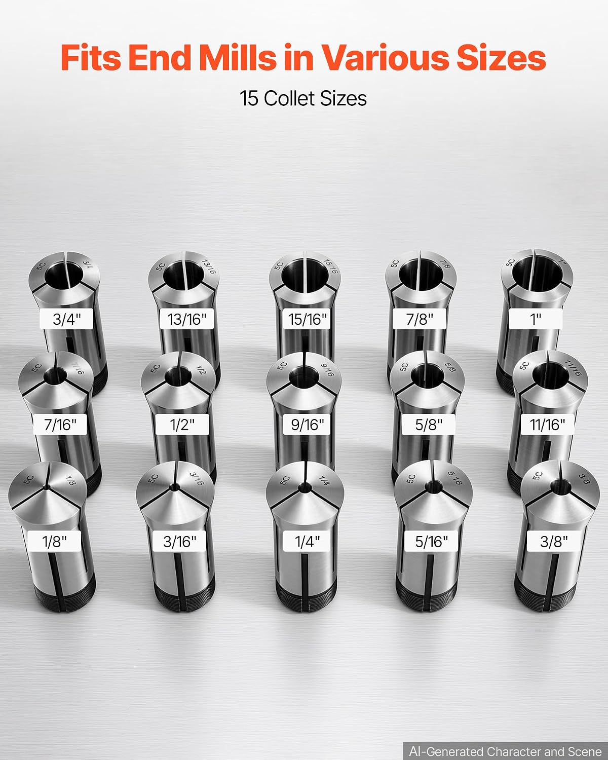 VEVOR 5C Collet Set 1/8"-1" 15 Piece Precision 5C Round Collet Chuck Set