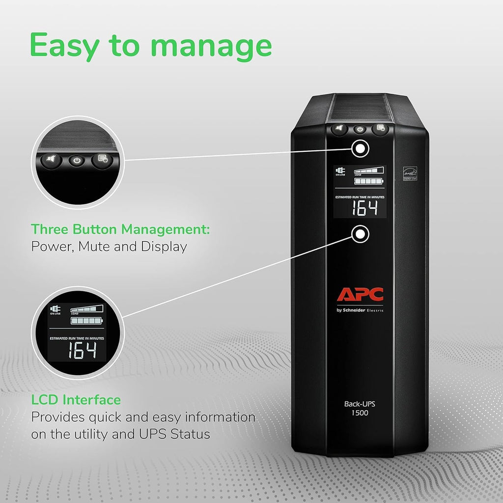 UPS 1500VA/900W Battery Backup for PCs, Office Electronics, BX1500M | Back-UPS Pro UPS for home offices. 10 outlets