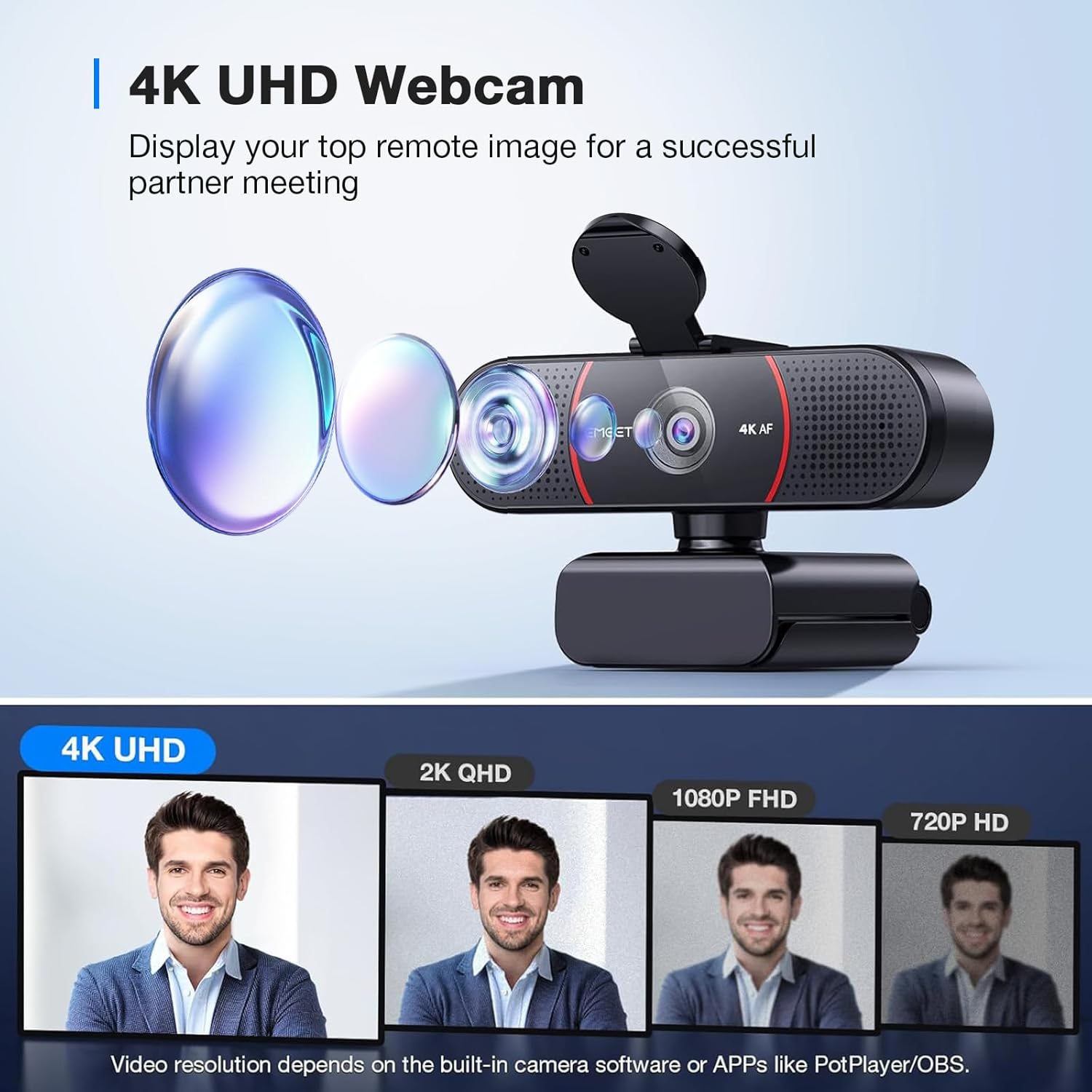 C960 4K Webcam for PC, PDAF Auto Focus, Dual Omni Mics, 73° FOV | Auto Light Correction, USB-A, Plug&Play, Web cam 4K