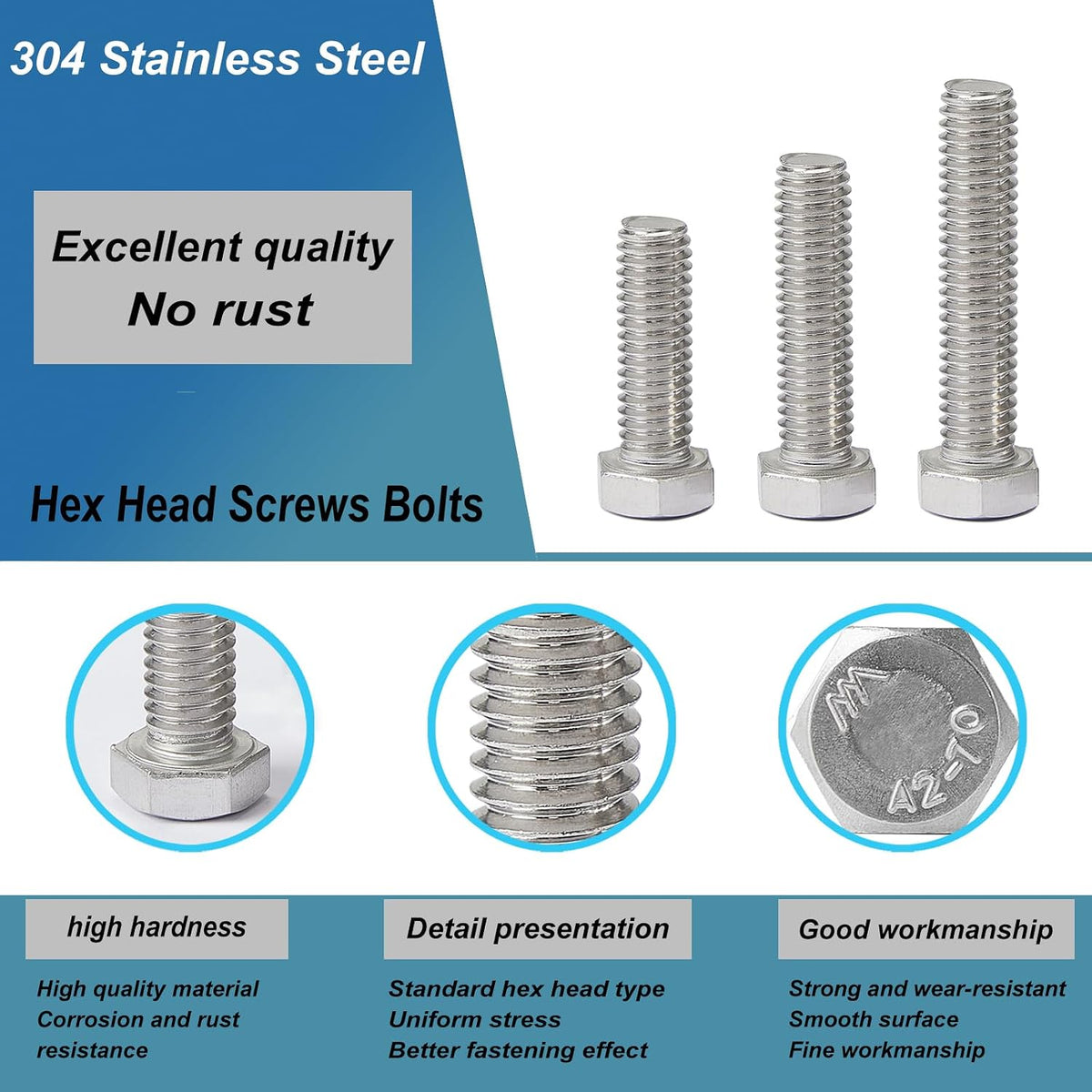 1/2-13 x 3 Hex Head Bolts, Stainless Steel 304, Hexagon Head Screws, UNC Coarse Thread, Bright Finish, Fully Threaded, Quantity 4