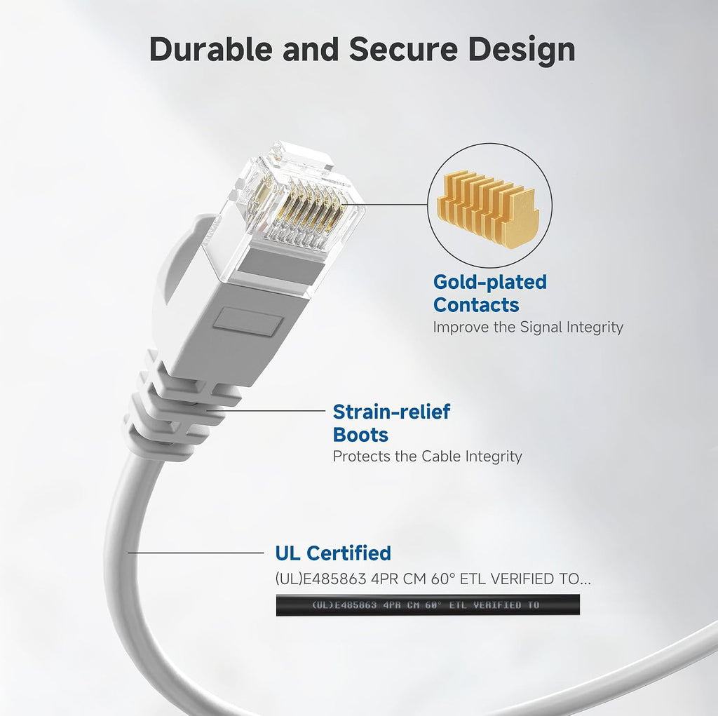 10Gbps Snagless Thin Cat 6 Ethernet Cable, 50ft, White | Slim Profile, 28 AWG Bare Copper, Cat 6 Cable, Thin Ethernet